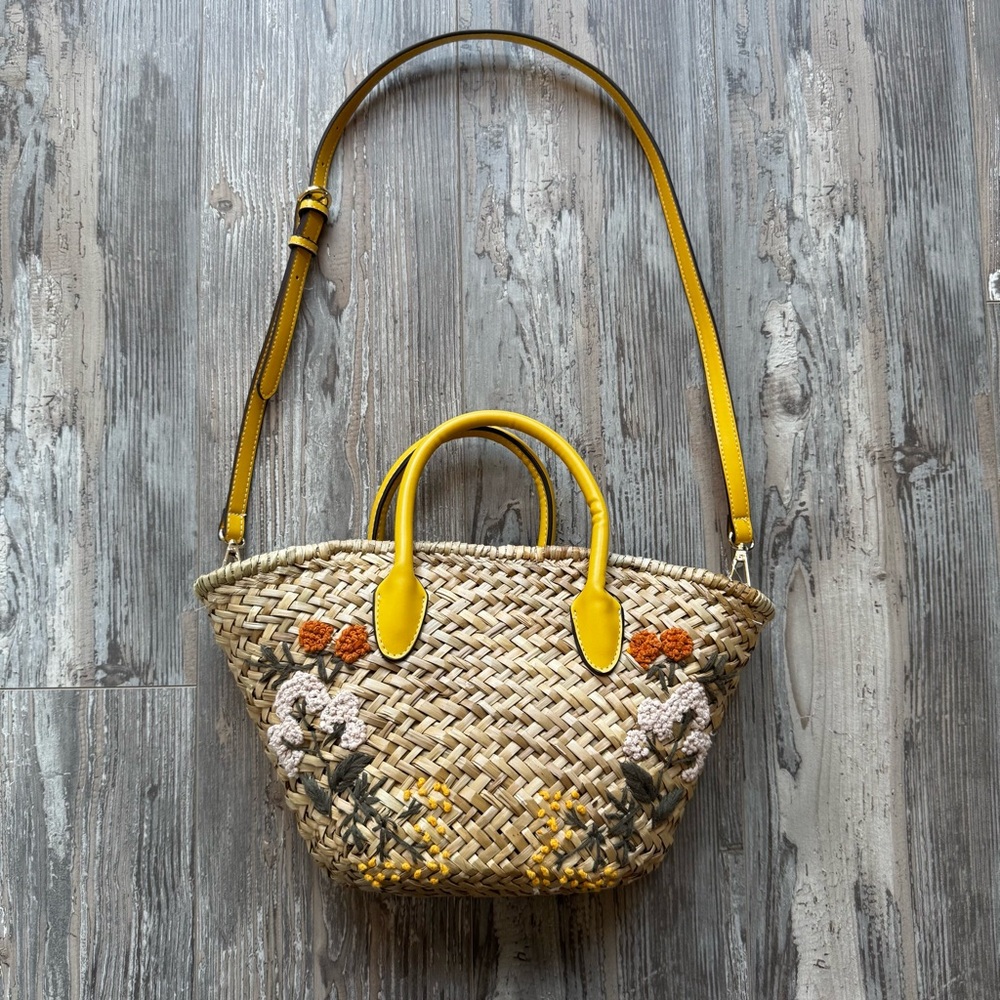 Zara Raffia Basket Bag Embroidered Floral Yellow Woven Straw